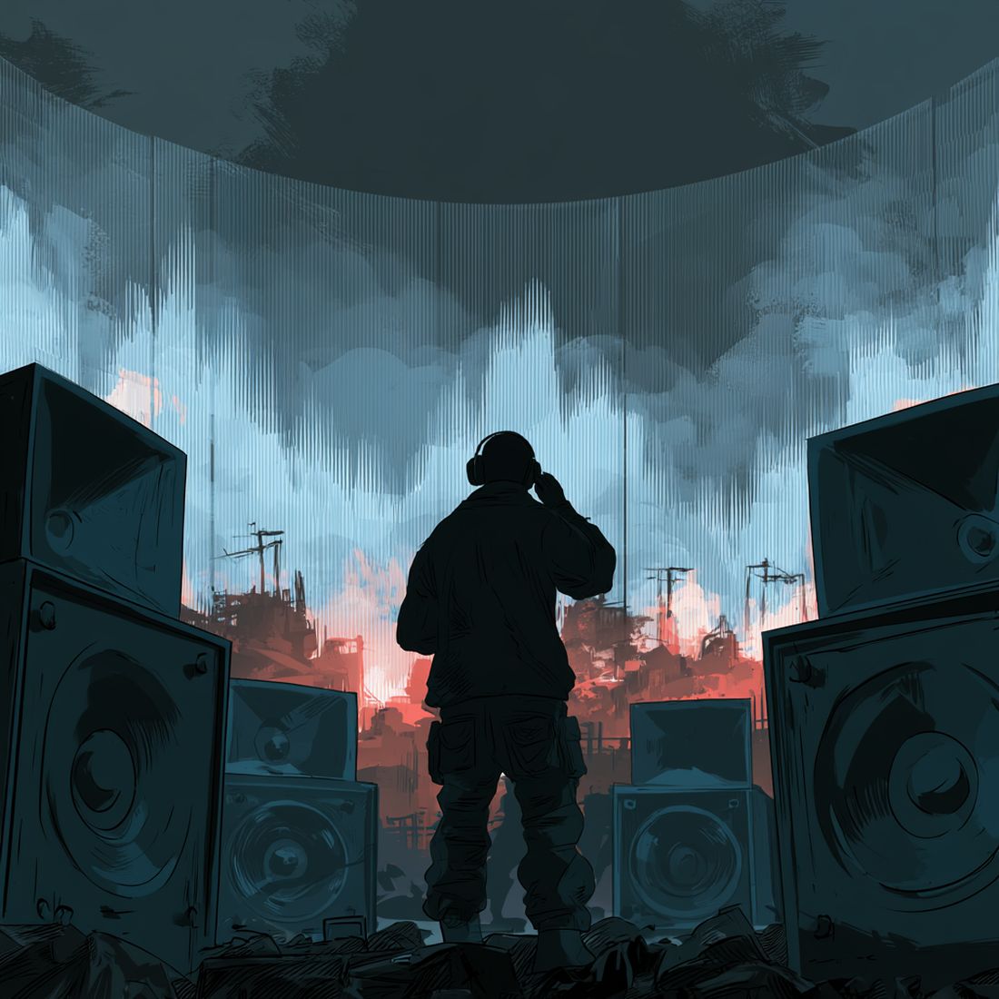Engineer listening between large monitors