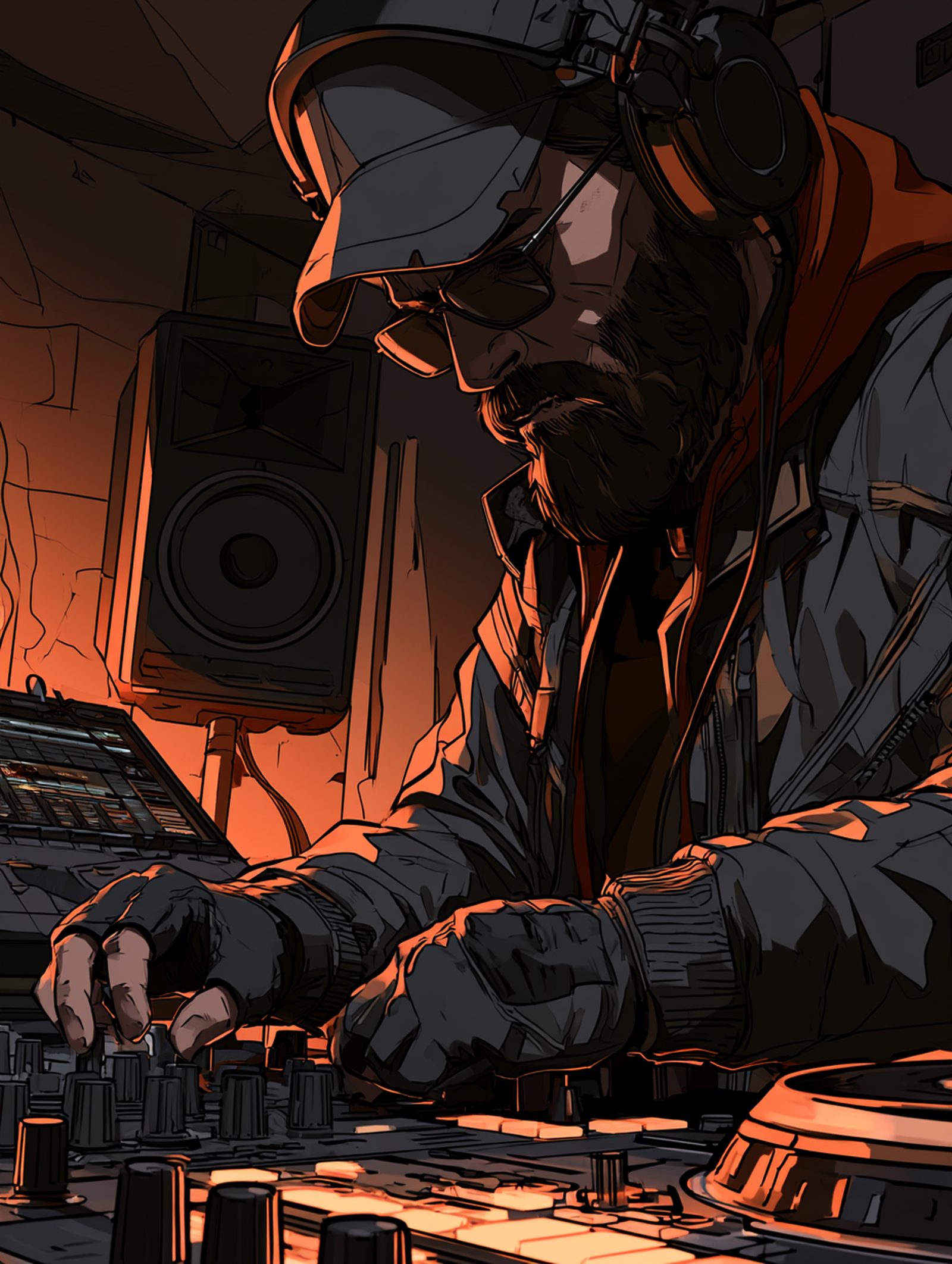 Producer chopping breakbeats on Logic Pro in a dark studio