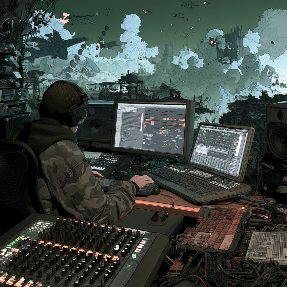Producer working across a mixer and screens