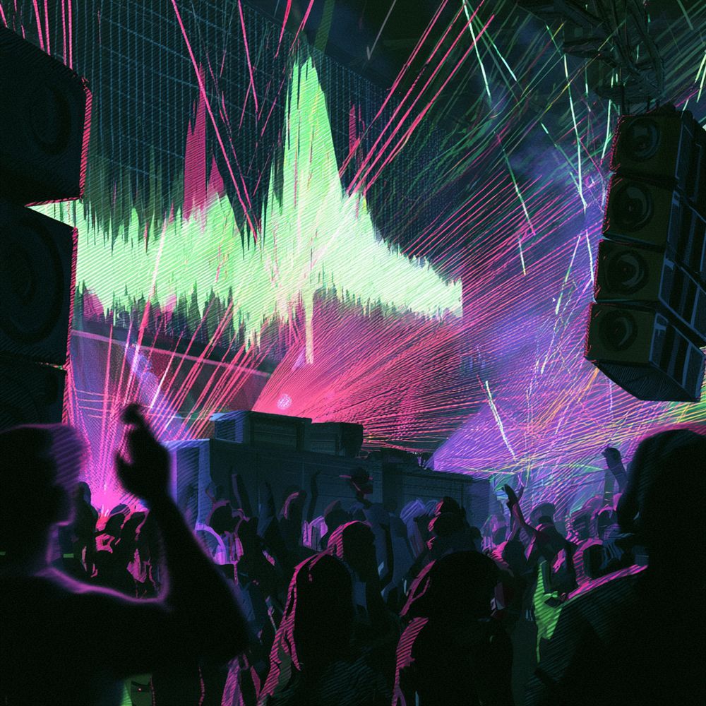 Luminous waveform over a live crowd