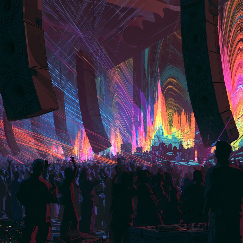 Crowd and sound system in a luminous venue