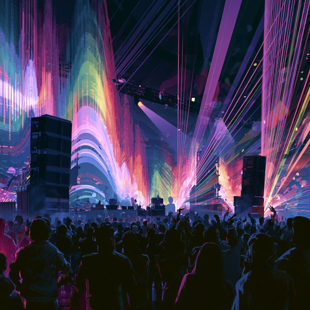 Crowd beneath giant vertical beams of light