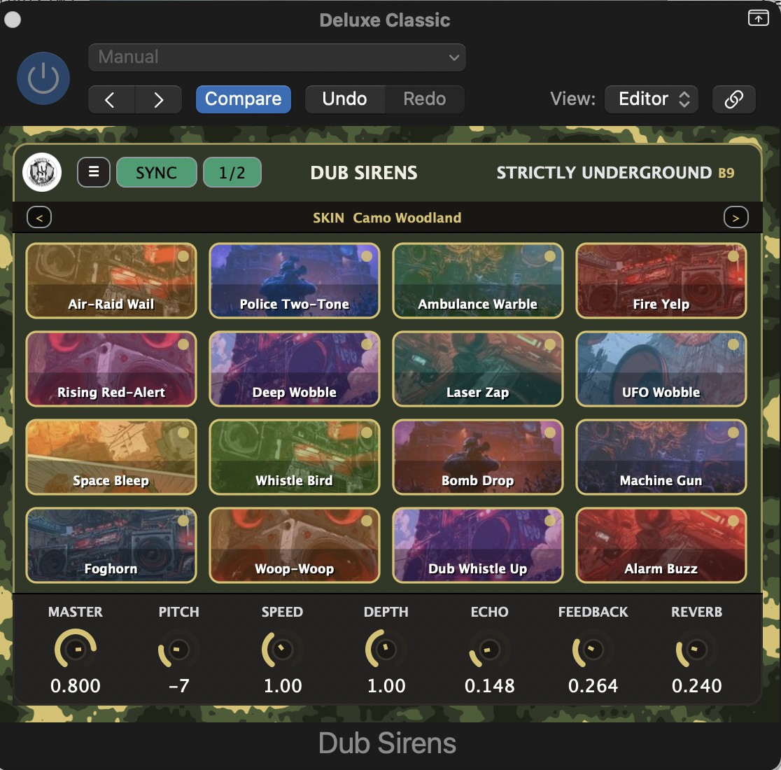 Dub Sirens plugin interface - 16 siren voices with pitch, speed, depth, echo, feedback and reverb