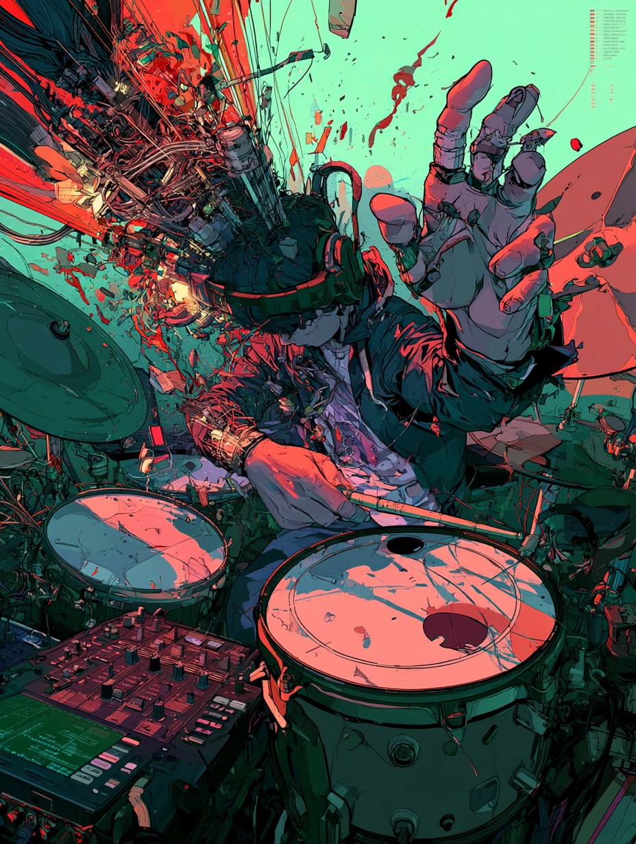 Breakbeat character working a drum machine and turntables
