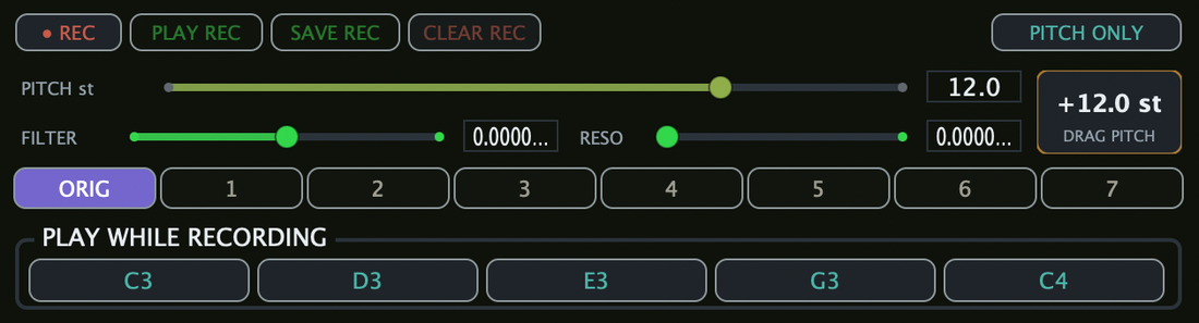 Pitch module controls and play-while-recording keyboard