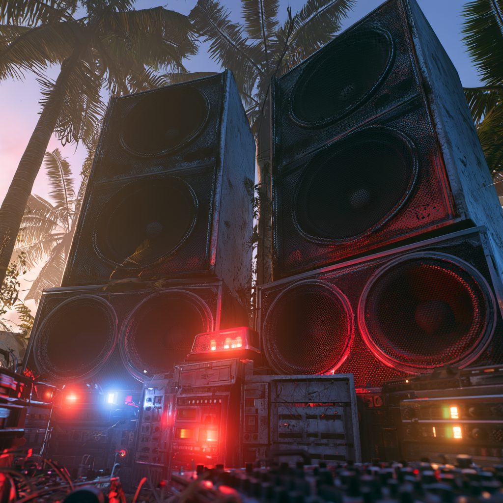 Towering sound system speakers lit at night