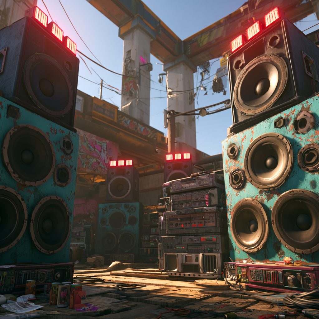 Sound system towers in a city underpass