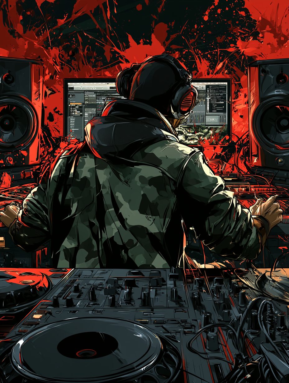 Producer working in a red-lit studio