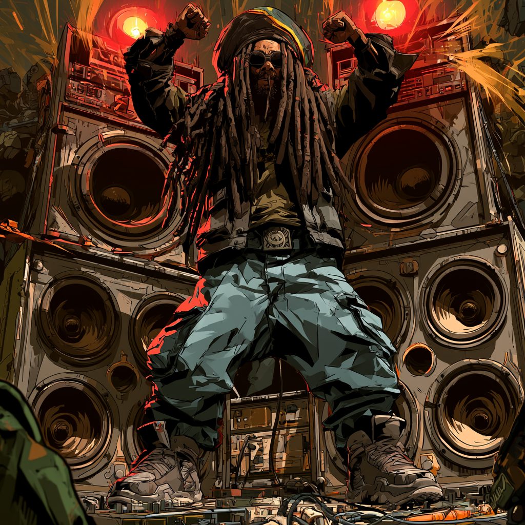 Ragga artist standing in front of sound system speakers