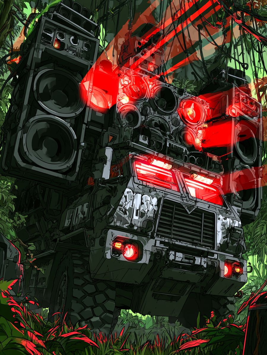 Sound system hidden in jungle foliage