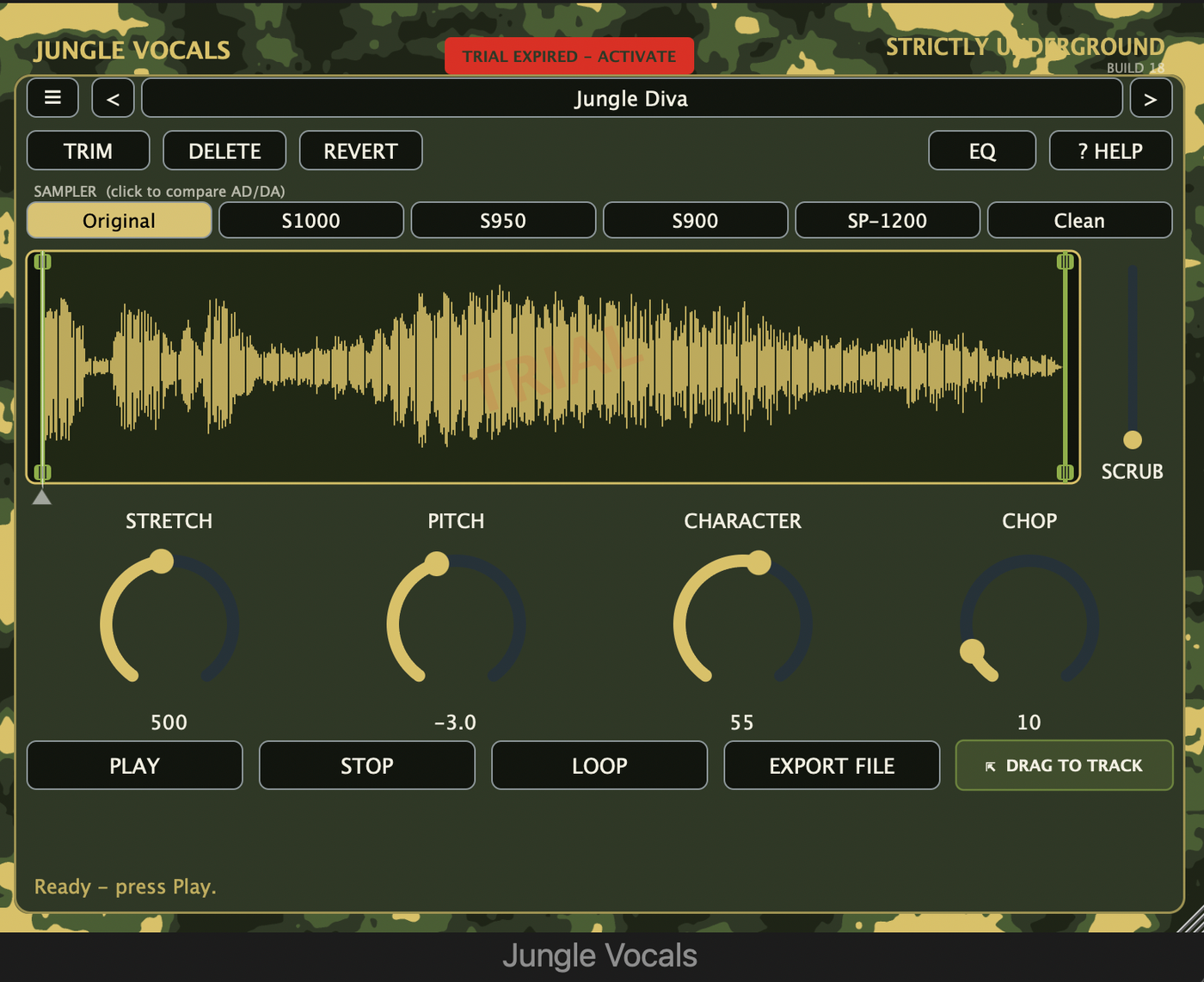 Jungle Vocals plugin interface showing a vocal waveform and stretch controls