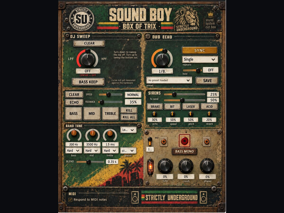 Sound Boy - Box of Trix plugin panel - DJ sweep, three-band kill, bass parametric, dub echo and tube stage